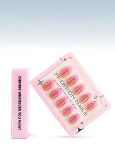 Detail of pink French almond press-on nails set with 30 pieces in stylish packaging