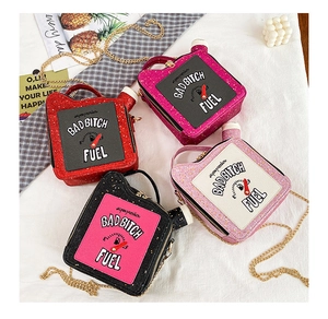 Detailed view of creative fuel canister shaped sequin handbags in vibrant multiple colors