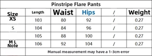 Detailed size chart for women's flare jeans with contrast stitching measurements