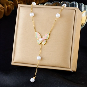 Butterfly Pendant Necklace Stainless Steel Enamel Tassel Faux Artificial Pearl Y-Shaped Sweet Forest Style Jewelry For Women
