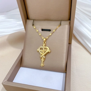 Gold titanium steel necklace with heart cross pendant and crystal pavé MOM engraving