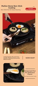 Detail of multi-mold maifan stone pan with heart and round sections on a portable stove