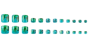 Blue toe nail press-on set with 24 pieces featuring tropical palm leaf print designs