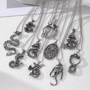 Vintage Dragon Pendant Necklace Alloy Antique Silver Punk Hip Hop Streetwear Sweater Chain Unisex Jewelry