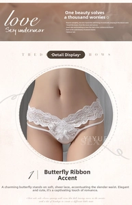 Detail of white floral lace underwear with a satin bow and cutout waist design