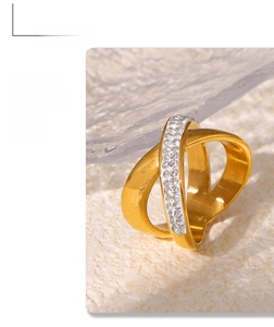 Detailed view of criss-cross 18k gold plated ring with micro-pave white zircon stones