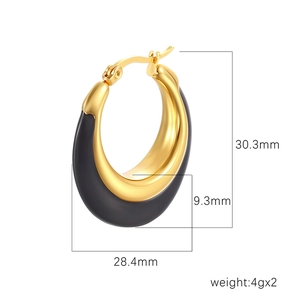 Gold-plated U-shaped oval earrings with black enamel detail and dimension measurements
