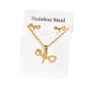 Golden stainless steel jewelry set with heartbeat heart and paw print necklace and studs
