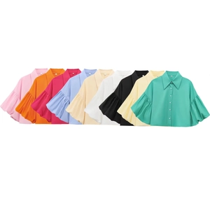 Puff Sleeve Cotton Blend Blouse For Women Short Lapel Single Breasted Solid Color Elegant Sweet Shirt Top