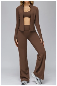 Three-piece chocolate brown workout set including high waist flare pants and zip jacket