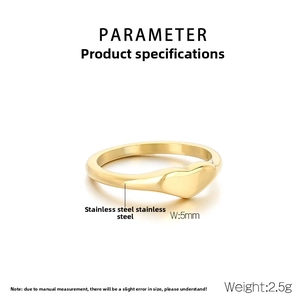 Detailed specifications of golden heart stainless steel ring showing 5mm width and 2.5g weight