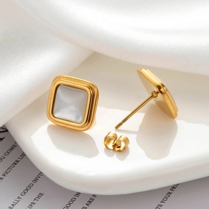 Elegant square stud earrings with cream white shell inlay and gold plated stainless steel