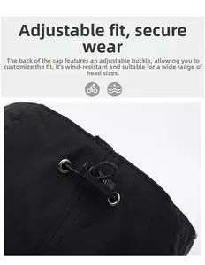 Detail of adjustable elastic drawcord and ripstop fabric on a black baseball cap