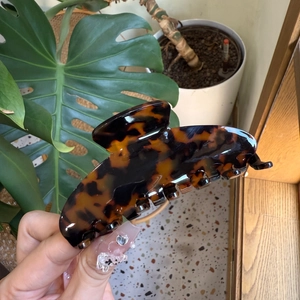 Detail of tortoise shell large claw clip with glossy finish and strong grip teeth