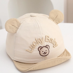 Breathable baby sun hat with cute bear ears and Lucky Baby embroidery in beige