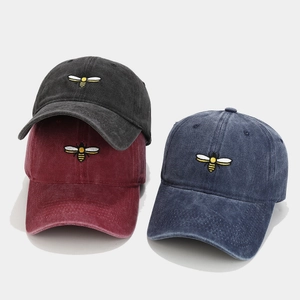 Washed cotton baseball caps with bee embroidery in charcoal, burgundy and navy colors