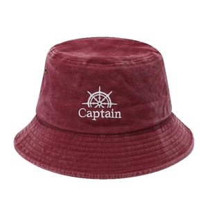 Dark red cotton bucket hat with Captain embroidery and nautical steering wheel icon