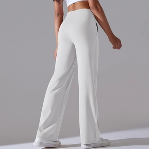 Rear view of high waisted wide leg yoga pants in light grey with premium stitching