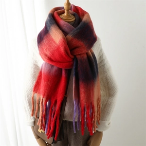 Thick warm winter scarf with colorful gradient stripes and long tassels for women