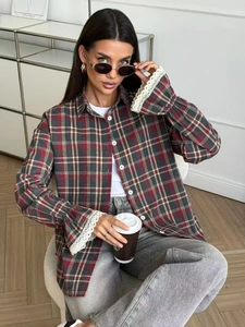 Women's vintage oversized red plaid shirt with lace cuffs and loose fit long sleeves