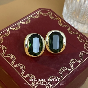 Geometric Oval Emerald Green Zircon Copper Stud Earrings With 925 Sterling Silver Earring Post Retro Elegant Women