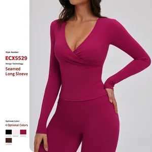 Women's V-Neck Long Sleeve Yoga T-Shirt Slim Fit Ruched Athletic Workout Top For Running Pilates Fitness Sportswear