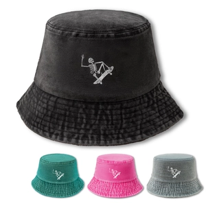 Bucket Hat Washed Cotton Skeleton Skateboard Embroidery Vintage Streetwear Sun Protection Wide Brim Flat Top Unisex