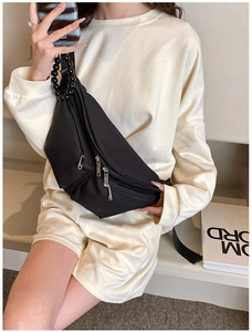 Detail of black multi-zipper crossbody bag with decorative beaded wide shoulder strap