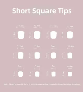 Size chart showing 24 pieces of short square press-on nails in 12 different dimensions