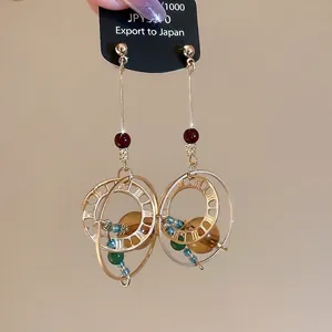 Vintage long tassel earrings with Roman numeral rings and colorful beaded crystal drops