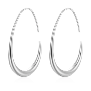 Polished silver egg-shaped stainless steel hoop earrings for women on white background