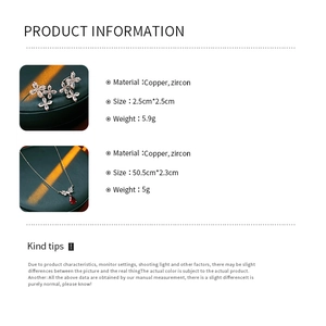 Detail showing copper zircon flower tassel necklace and earrings with product dimensions