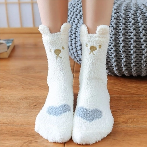 Thick coral fleece thermal socks with cartoon bear ears and cute embroidery