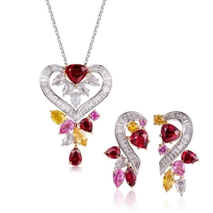 Luxury heart ruby and colorful gemstone necklace and earrings set with fine diamonds