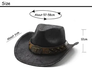 Detailed size chart for the black faux leather western cowboy hat with crown dimensions