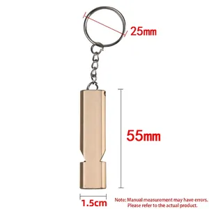 Flat aluminum alloy survival whistle with dimensions 55mm by 1.5cm on a white background