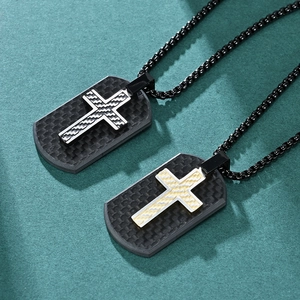 Men's retro carbon fiber dog tag necklaces with gold and silver cross pendants