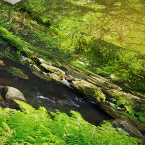 Detail shot showing the high-definition rainforest print and textile texture of the tapestry