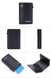 Detail view showing black RFID blocking metal card case with pop-up sliding mechanism