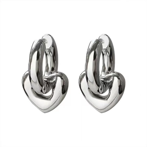 Minimalist silver-polished heart charm hoop earrings in 18K stainless steel for women