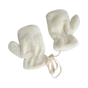 Winter plush mittens in white faux fur with a matching neck string for warmth
