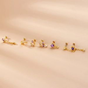 Set of 6 gold stainless steel stud earrings with purple star and moon zircon charms