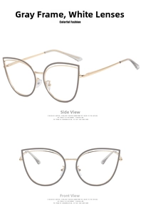 Detailed side and front view of cat-eye gold metal frame with grey finish accents