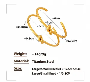 Size chart for gold knotted titanium steel bracelets showing weight and inner diameter