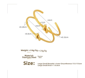 Size chart for gold knotted titanium steel bracelets showing weight and inner diameter