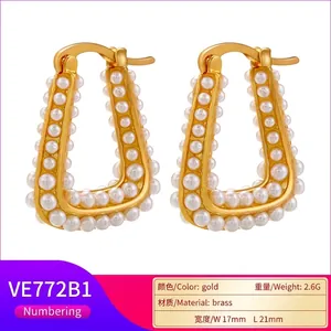 18K gold plated brass geometric trapezoid earrings with white faux pearls for women