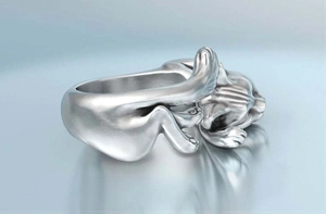 Top view detail of a 3D sculpted sleeping cat ring with matte silver finish details