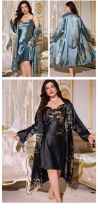 Vue détaillée de l'ensemble pyjama en satin de soie 2 pièces avec peignoir et chemise