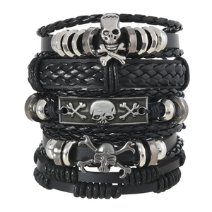 Men's Punk Black Leather Wrap Bracelet With Alloy Skull Crossbones Charms Handmade Braided Multi Layer Cord Wristband Jewelry