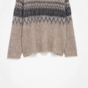 Fair Isle knit sweater in gray and brown with fluffy texture and geometric jacquard pattern